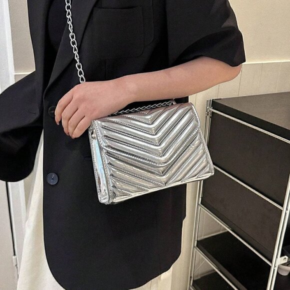 . Handbags - Silver Preppy Womens Mini Square Bag Chevron Detail Flap Chain Metallic